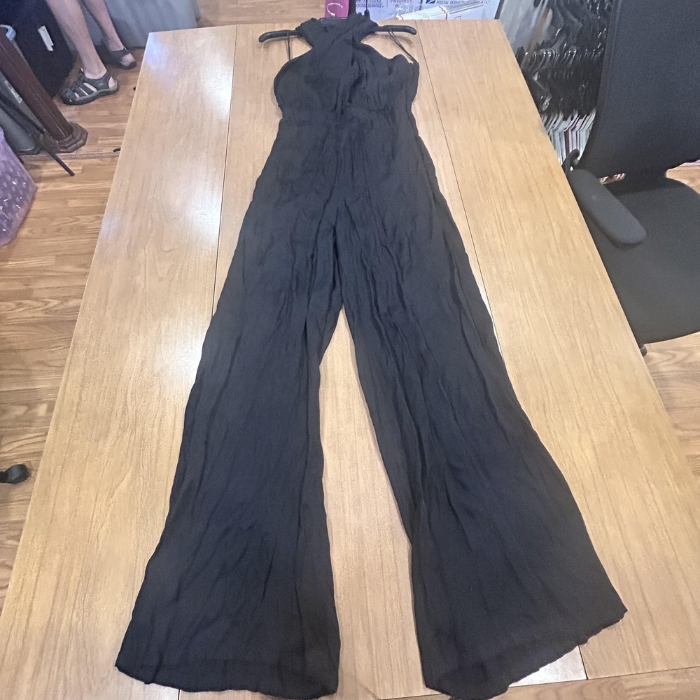 Dolan Jumpsuit‎ Womens Small Black Halter Wide Leg Crinkle Chiffon Party Evening